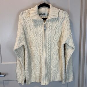 Vintage Aran Crafts Cable Knit Full Zip Cardigan Sweater Ivory Cream Size Medium